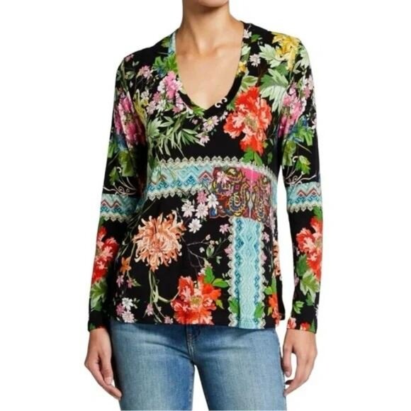 Johnny Was Janie Favorite Long Sleeve V-Neck Swing Tee Floral on Black - Picture 1 of 9